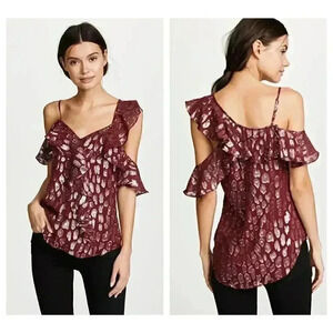 Veronica Beard Benton Top Ruffles One Shoulder Red/Silver Size 8